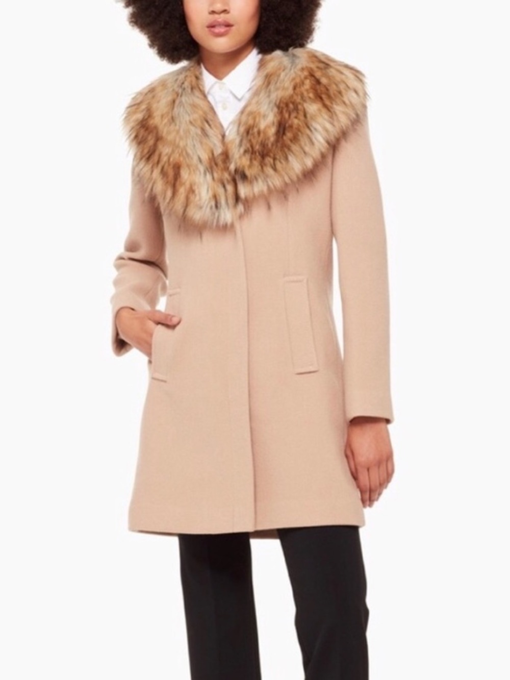Kate Spade New York Wool Bled Bow Back Faux Fur Detachable Collar Coat in Camel